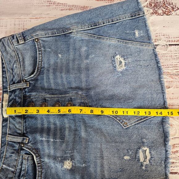 We The Free Denim Aline Mini Skirt Size 28 Button Front Distressed Frayed Hem - Picture 9 of 10